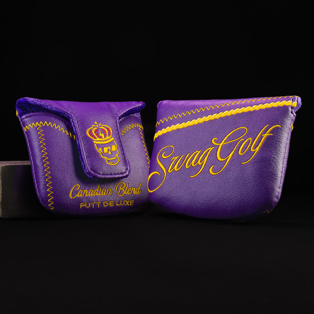 Purple Royal Crown mallet golf club headcover with gold lettering and stitching. 