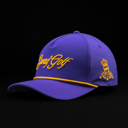 Purple Swag Golf hat with gold lettering. 