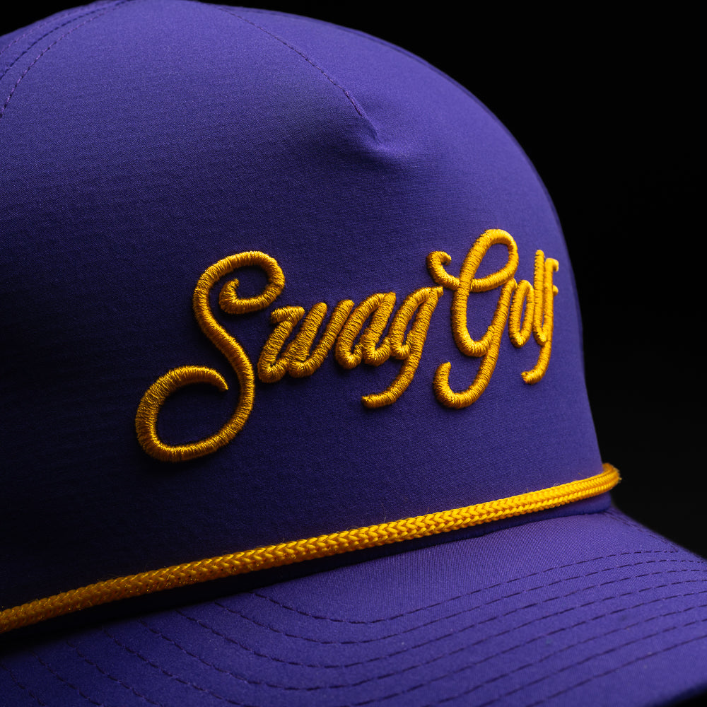 Purple Swag Golf hat with gold lettering. 