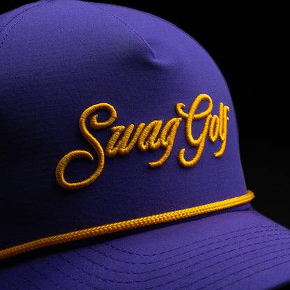 Purple Swag Golf hat with gold lettering. 