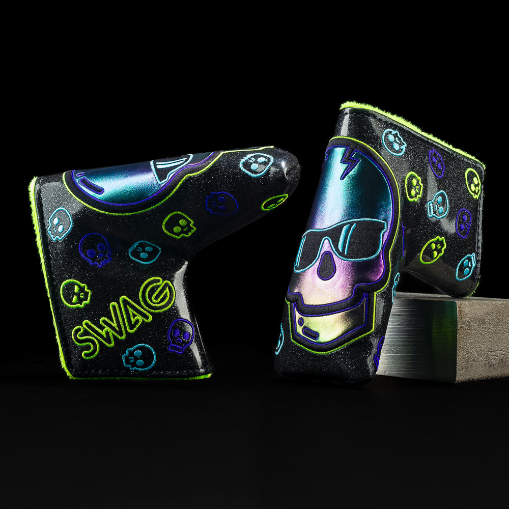 Northern Lights Skull blade golf headcover in black sparkle with lime, teal, purple.