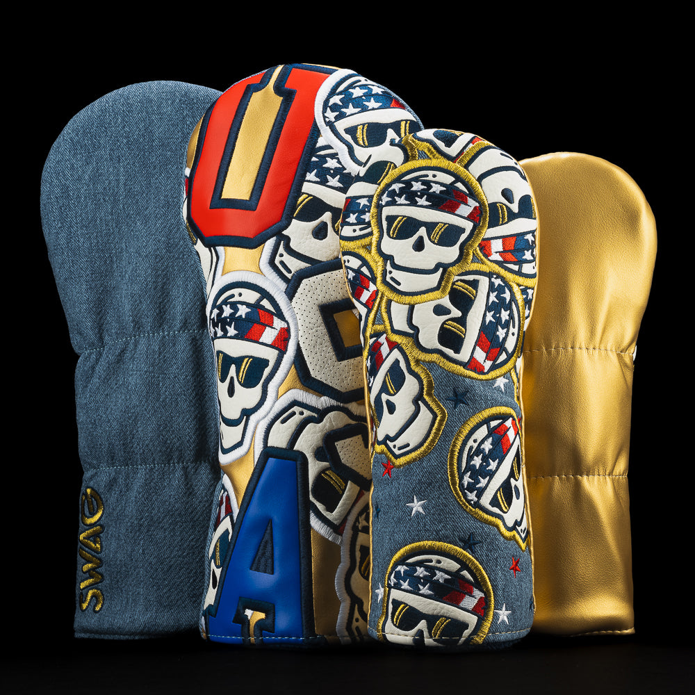 USA or Die fairway and driver golf headcover with gold and denim and stacked skulls wearing american flag bandana's.