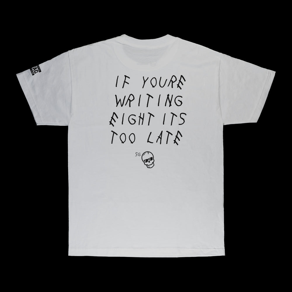 White T-Shirt with black skull and black writing. 