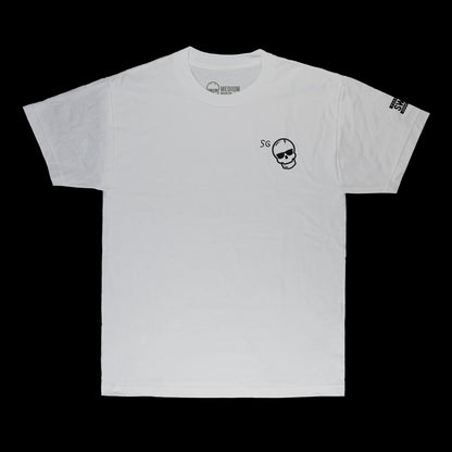 White T-Shirt with black skull and black writing. 