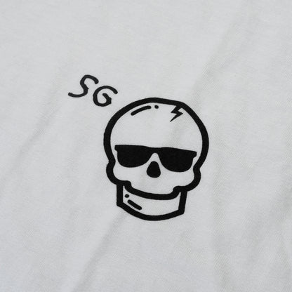 White T-Shirt with black skull and black writing. 