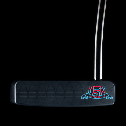 SWAG Golf 5 Over The Boss 2.0 limited edition mid-mallet steel golf putter with a black cerakote finish and handpainted details. Right handed and includes a matching golf headcover.