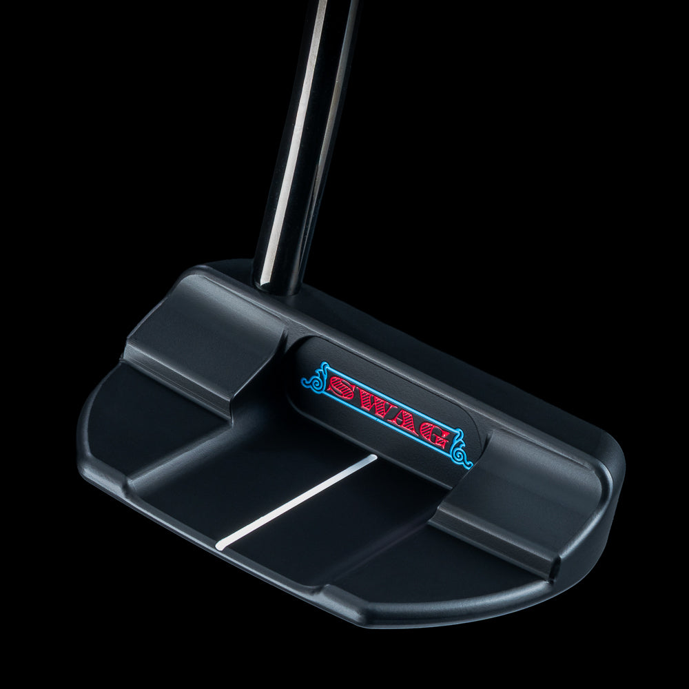 SWAG Golf 5 Over The Boss 2.0 limited edition mid-mallet steel golf putter with a black cerakote finish and handpainted details. Right handed and includes a matching golf headcover.
