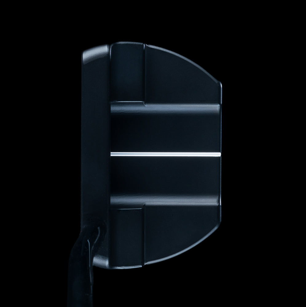 SWAG Golf 5 Over The Boss 2.0 limited edition mid-mallet steel golf putter with a black cerakote finish and handpainted details. Right handed and includes a matching golf headcover.