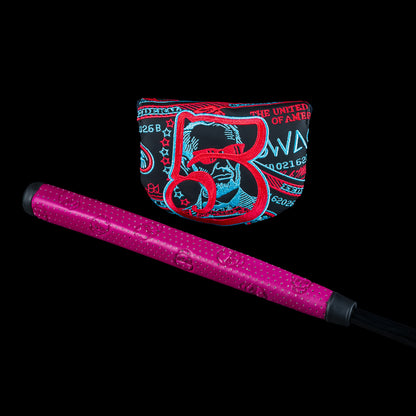 SWAG Golf 5 Over The Boss 2.0 limited edition mid-mallet steel golf putter with a black cerakote finish and handpainted details. Right handed and includes a matching golf headcover.