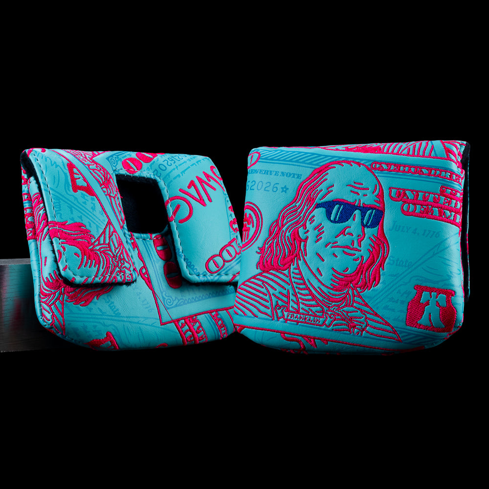 Aqua and neon pink SWAG Golf Almighty Dollar franklin center shaft mallet golf headcover.