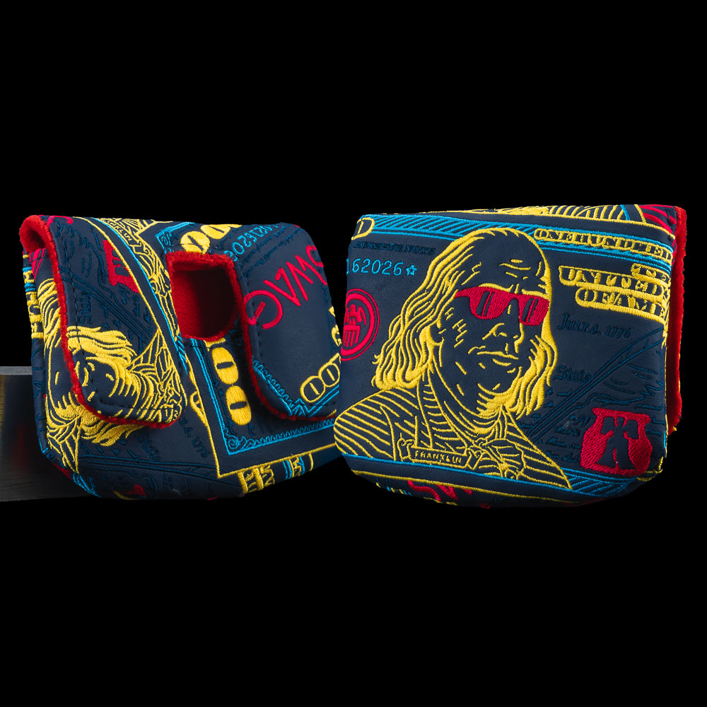 SWAG Golf Almighty Dollar 2.0 Franklin dollar bill themed blue, yellow, and red center shaft mallet golf headcover.