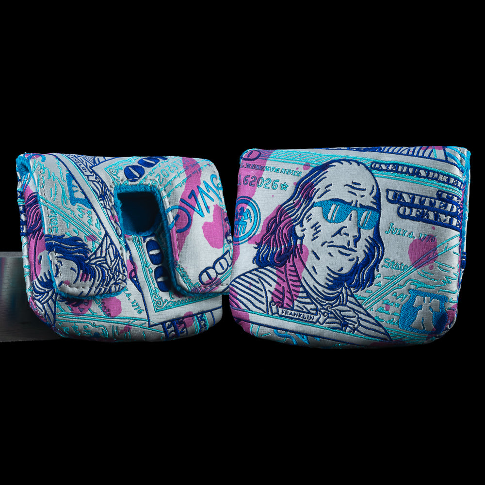 SWAG Golf Almighty Dollar 3.0 silver, navy, aqua, and purple ink stains Franklin dollar bill center shaft mallet golf headcover.