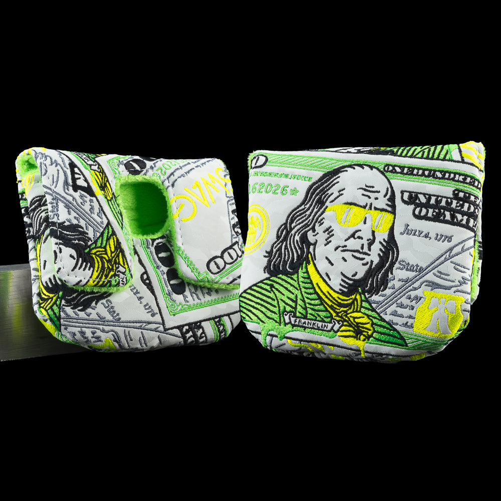 SWAG Golf Almighty Dollar 4.0 white, yellow, and green Franklin currency themed center shaft mallet golf headcover.