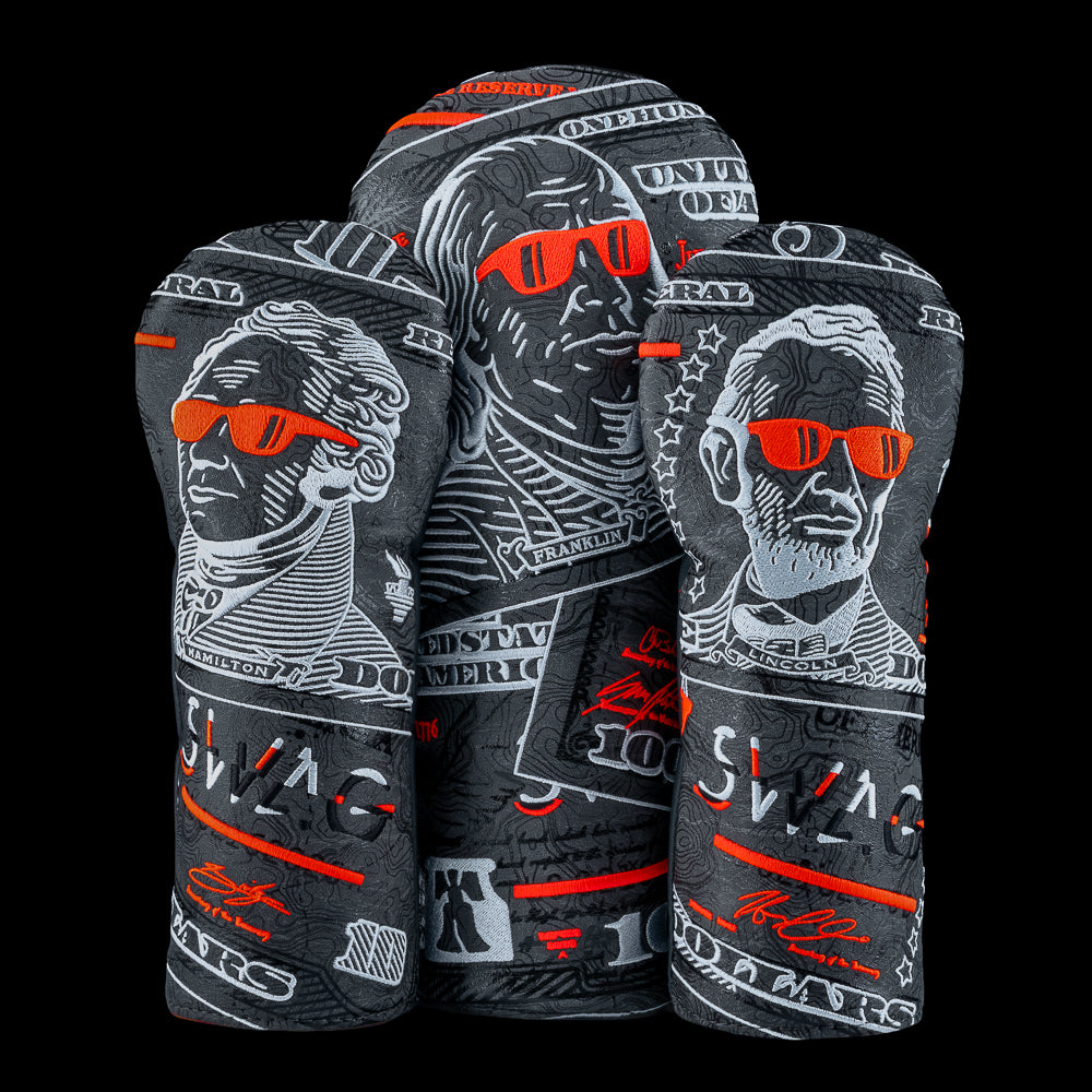 SWAG Golf Almighty Dollar 6.0 golf headcover wood set featuring one driver and two fairway covers on black material with a dollar bill theme and heatmap multicolored fur lining.