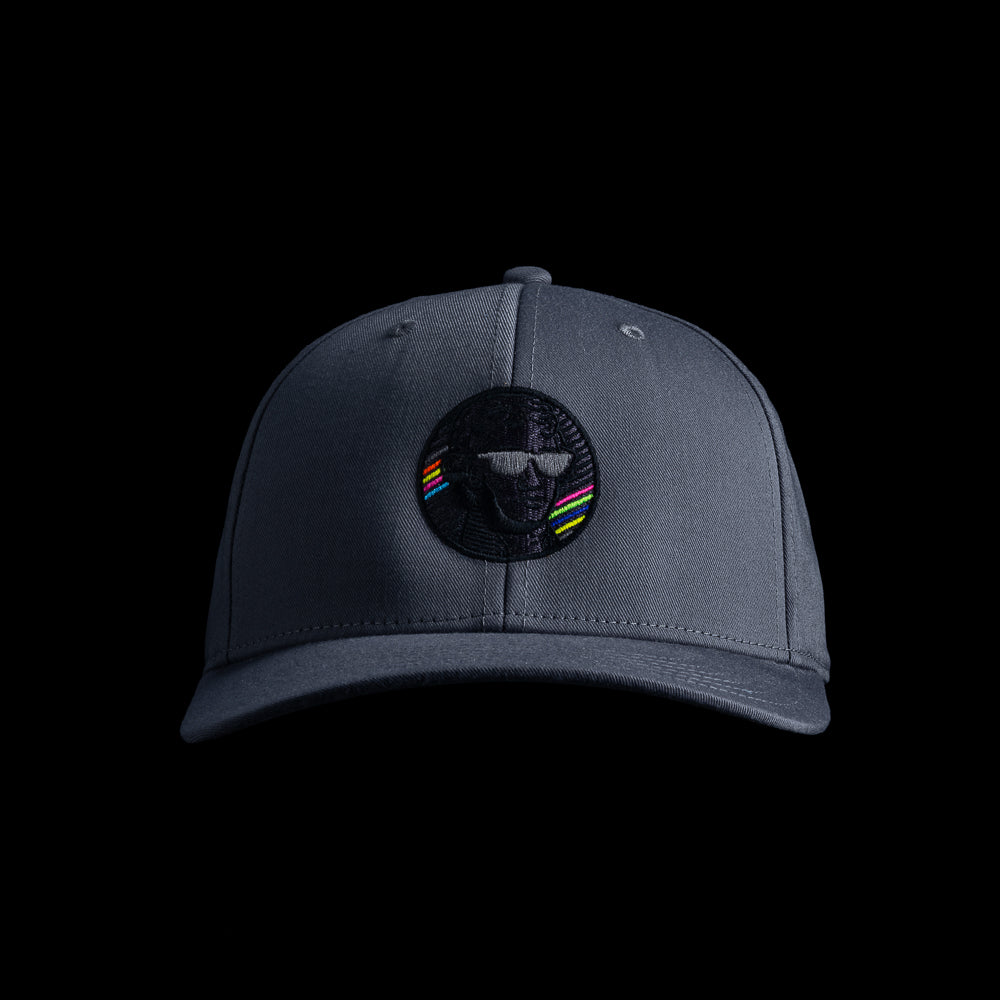 Front view of gray SWAG Golf Blackout Bills Jefferson snapback hat with blacked out Jefferson face patch and multicolor neon stripes.