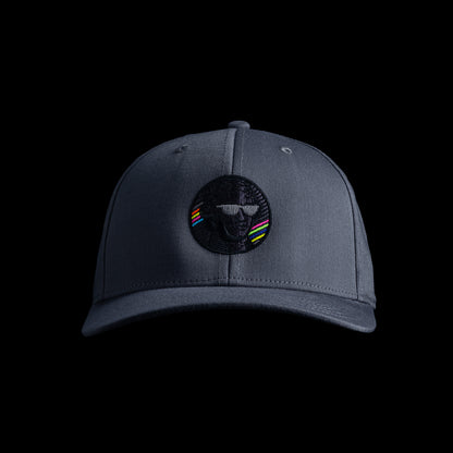 Front view of gray SWAG Golf Blackout Bills Jefferson snapback hat with blacked out Jefferson face patch and multicolor neon stripes.