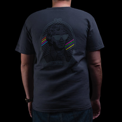 Back of SWAG Golf Blackout Bills Jefferson navy t-shirt with large tonal Jefferson portrait graphic and neon stripe accents.