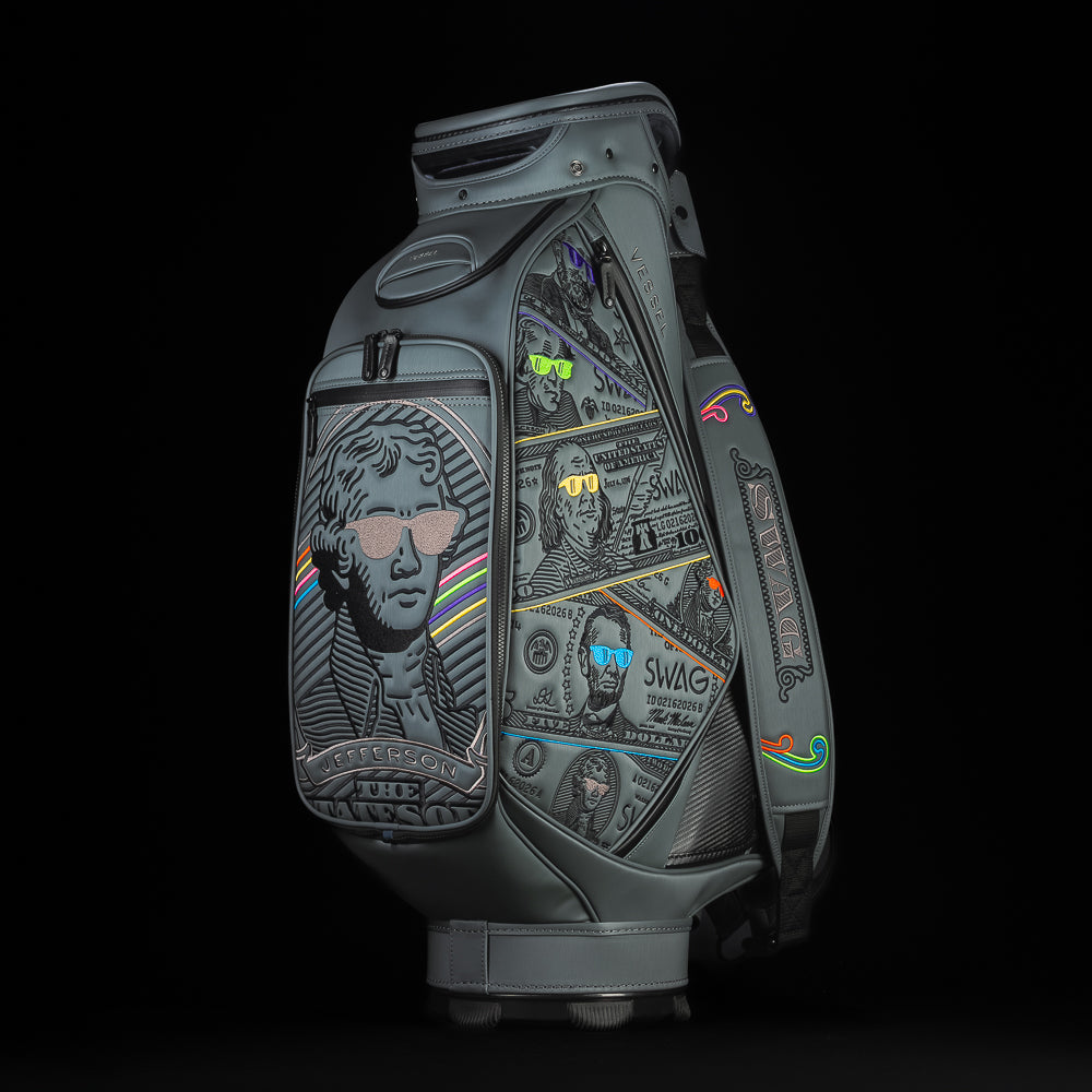 SWAG Golf x Vessel Prime 2.0 Staff golf bag with blackout dollar bills design and Jefferson on the front panel.