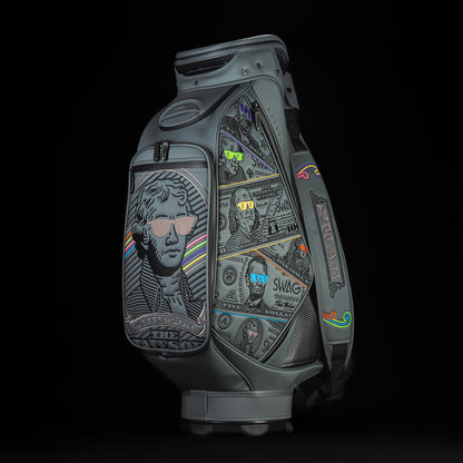 SWAG Golf x Vessel Prime 2.0 Staff golf bag with blackout dollar bills design and Jefferson on the front panel.