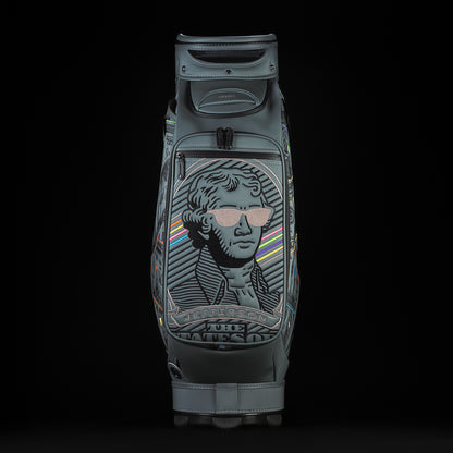 SWAG Golf x Vessel Prime 2.0 Staff golf bag with blackout dollar bills design and Jefferson on the front panel.