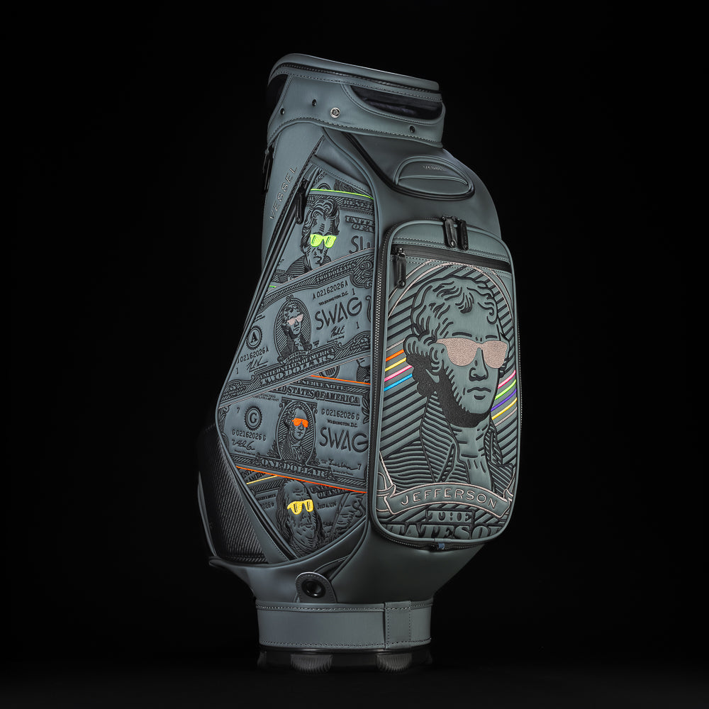 SWAG Golf x Vessel Prime 2.0 Staff golf bag with blackout dollar bills design and Jefferson on the front panel.