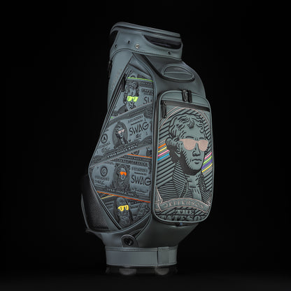 SWAG Golf x Vessel Prime 2.0 Staff golf bag with blackout dollar bills design and Jefferson on the front panel.