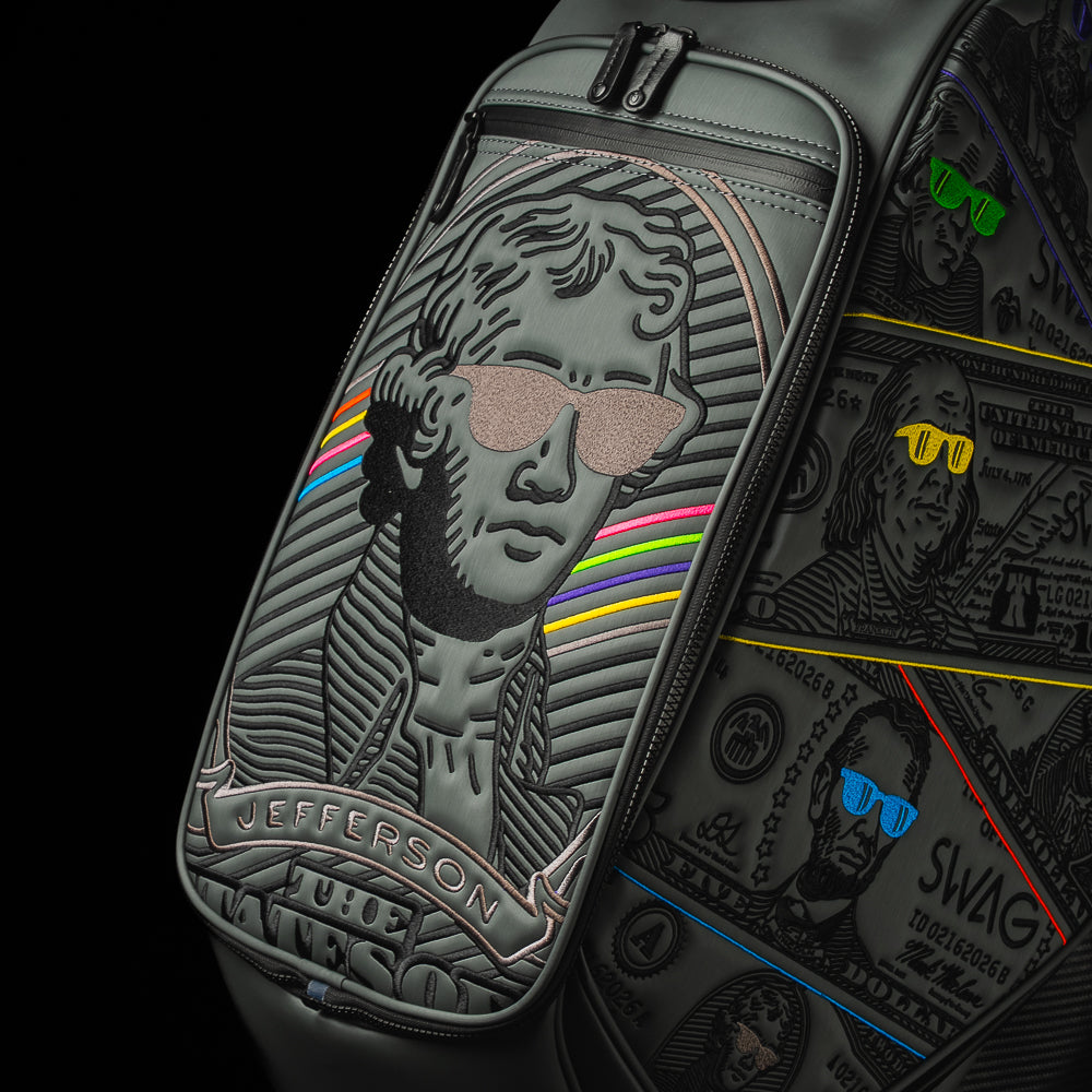 SWAG Golf x Vessel Prime 2.0 Staff golf bag with blackout dollar bills design and Jefferson on the front panel.