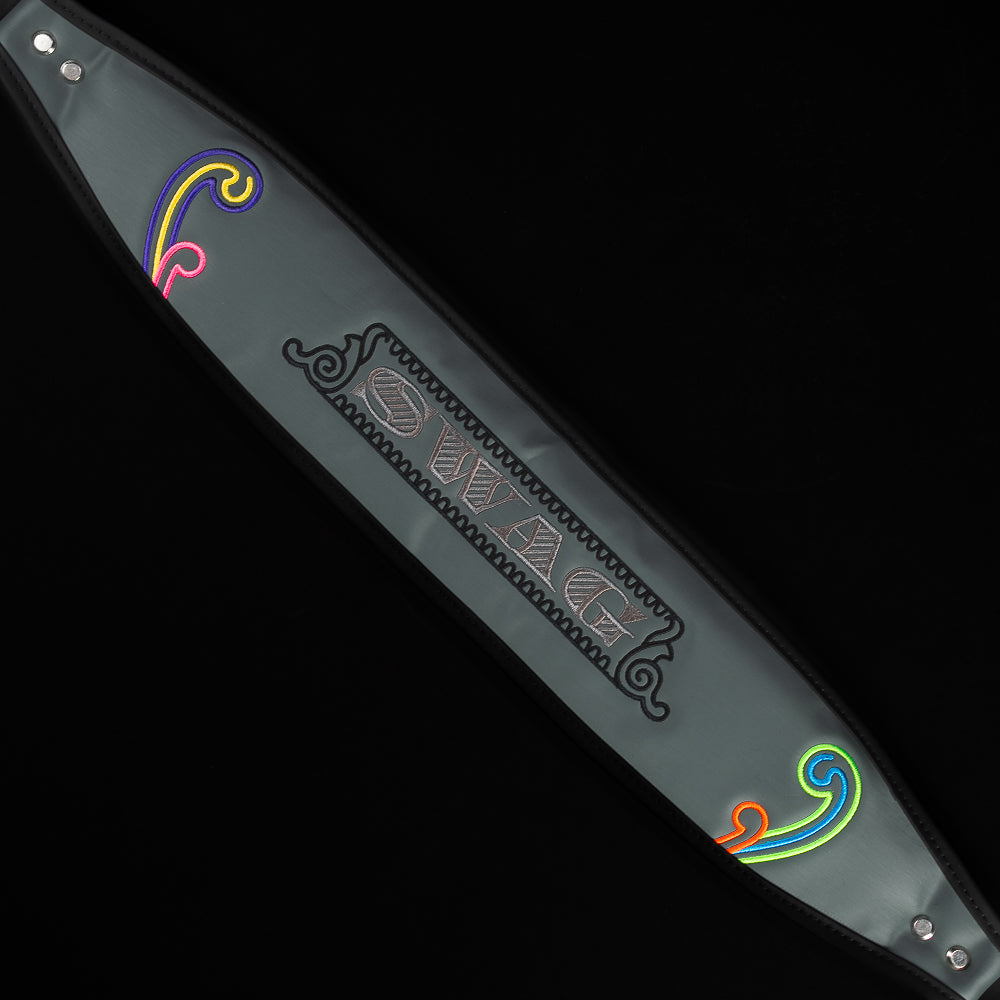 Gray SWAG Golf x Vessel golf stand bag with colorful dollar bill themed designs on a black background.