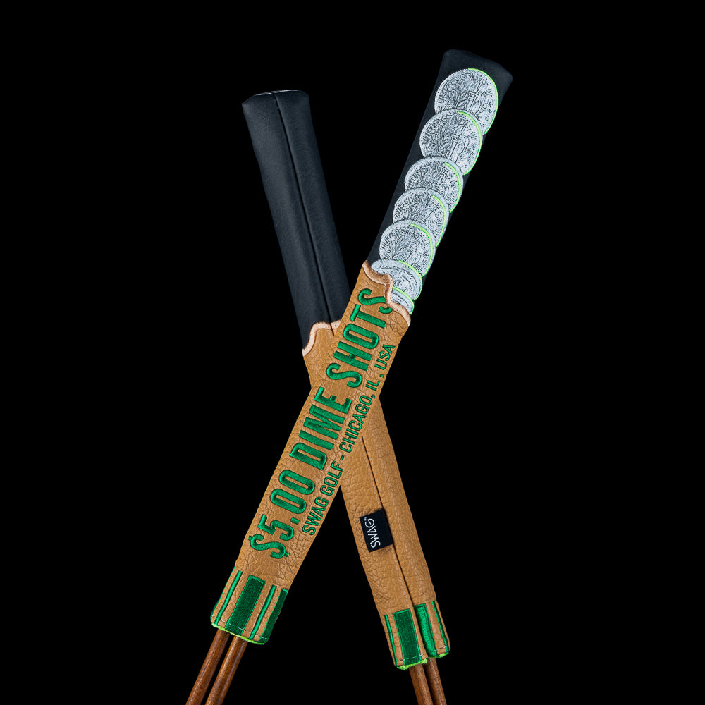SWAG Golf Dime Shots alignment stick cover featuring stacked dime coin artwork with bold green accents and cent roll inspired detailing.
