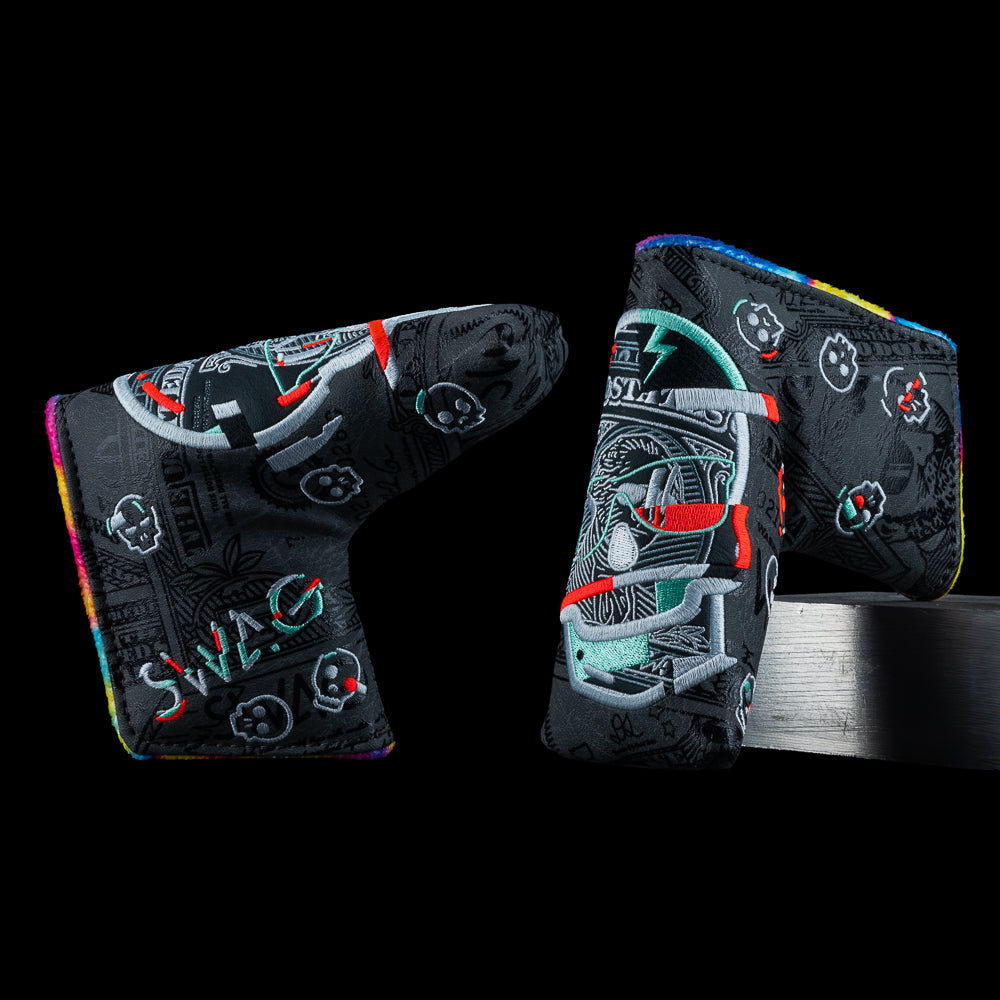 SWAG Golf Almighty Glitch Skull blade  cover with glitch style skull graphic over dark dollar bill artwork