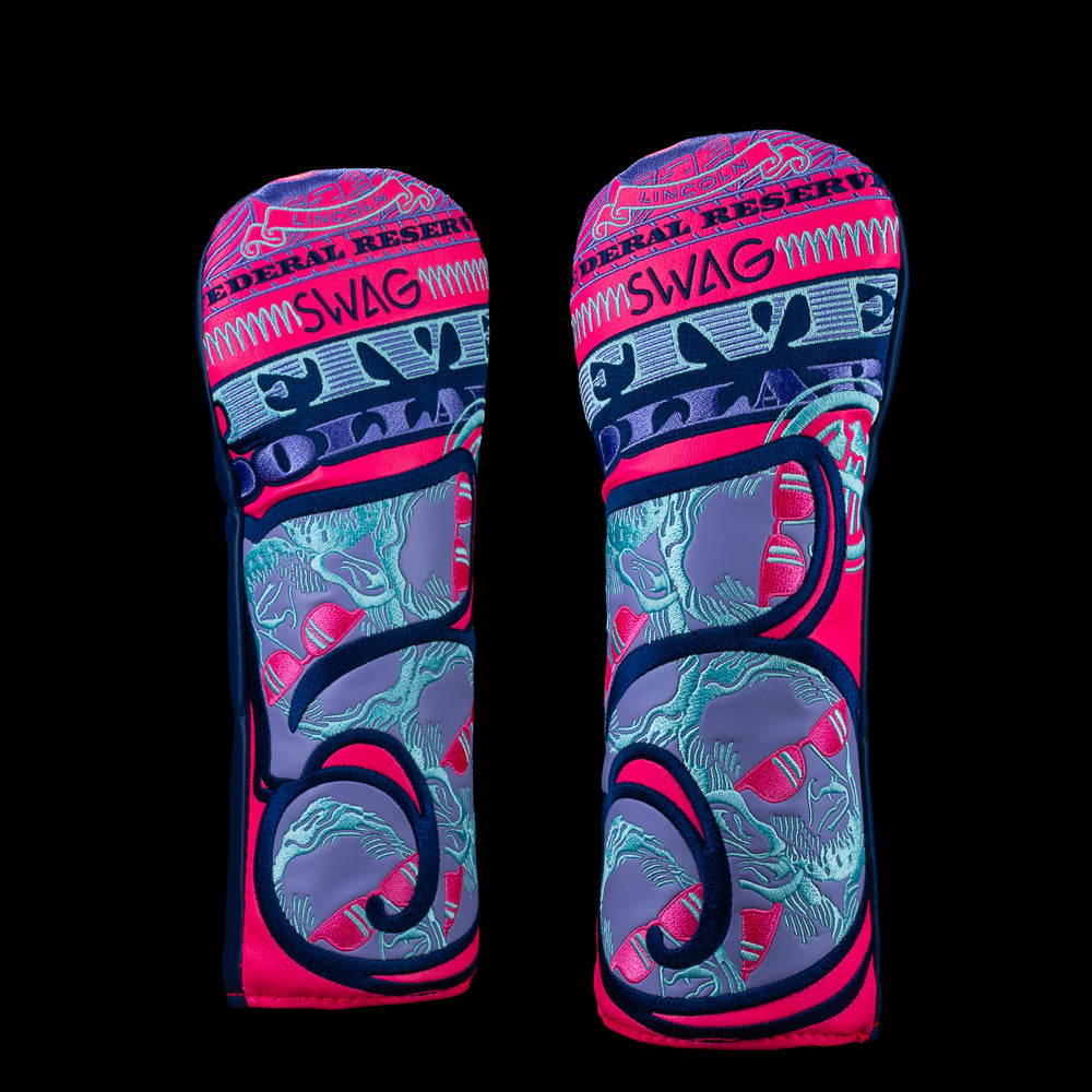 SWAG Golf Gigantic Lincoln fairway cover featuring large currency graphics with neon pink and blue details