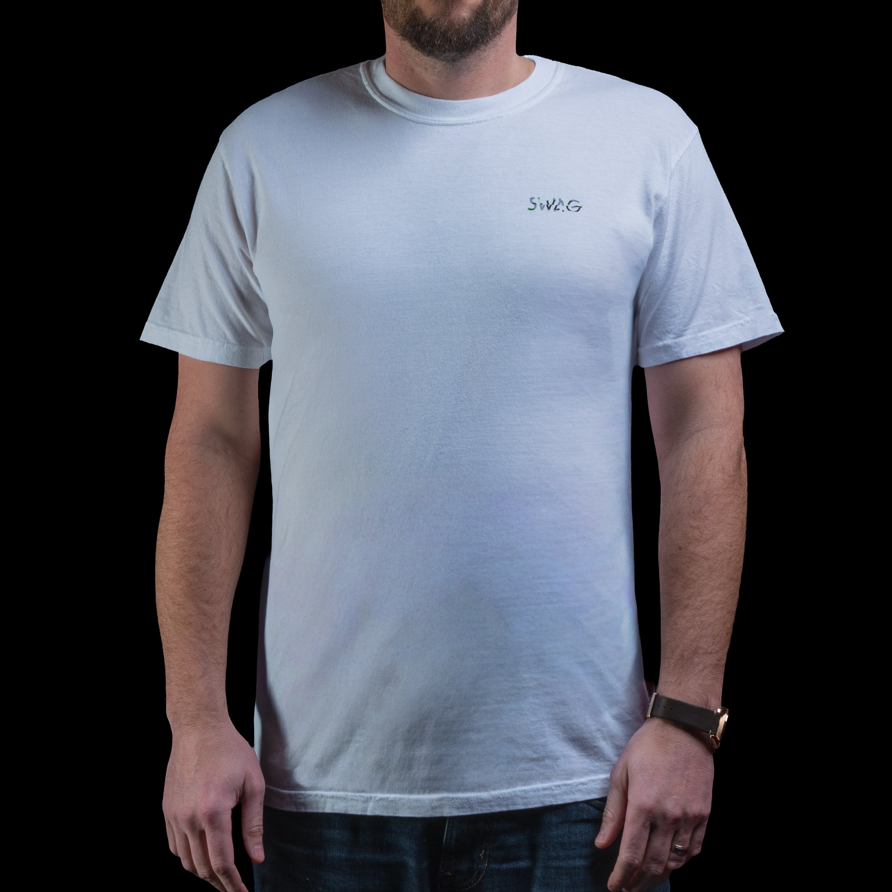 SWAG Golf Glitched Out Benji white short sleeve t-shirt featuring small SWAG logo on left chest in green and gray glitch detail.