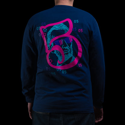 Back of SWAG Golf Gigantic Lincoln navy long sleeve shirt with large pink 5 overlay and Lincoln portrait wearing sunglasses with neon accents.