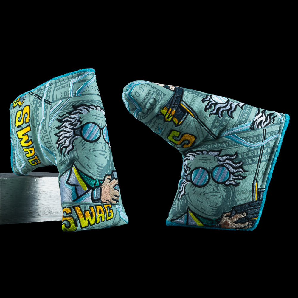 SWAG Golf Great Scott Blade Cover featuring mad scientist portrait with wild hair and goggles, teal vandalized bill artwork, and bold yellow SWAG embroidery.