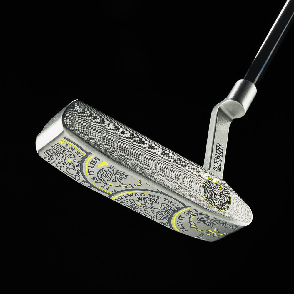 SWAG Golf limited edition Heads Up Handsome Too tour satin stainless steel blade golf putter with matching headcover.