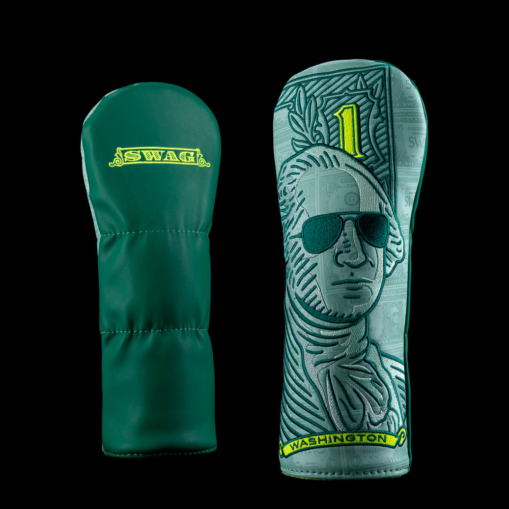 Green Macro Dollar Washington fairway Cover with oversized currency design and SWAG Golf branding