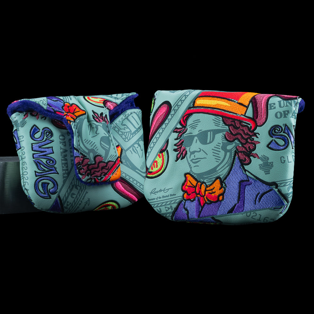 SWAG Golf Swagiddlyumptious mallet cover featuring teal vandalized bill artwork, cartoon portrait with sunglasses, bow tie, and bold colorful accents.