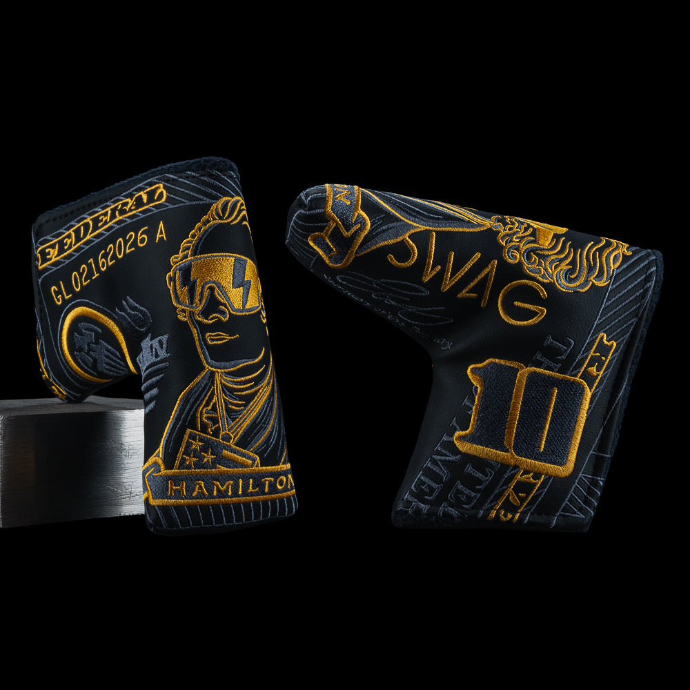 Black and gold Vibin’ Broadway Hamilton blade headcover with bold money graphic design and SWAG Golf branding.