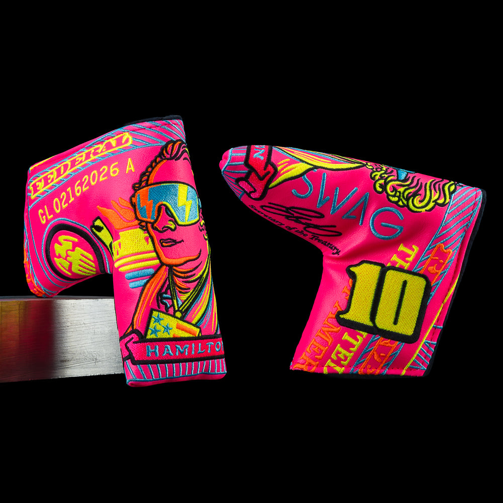 Neon pink Vibin’ Hamilton blade headcover with bold currency inspired artwork and SWAG Golf branding