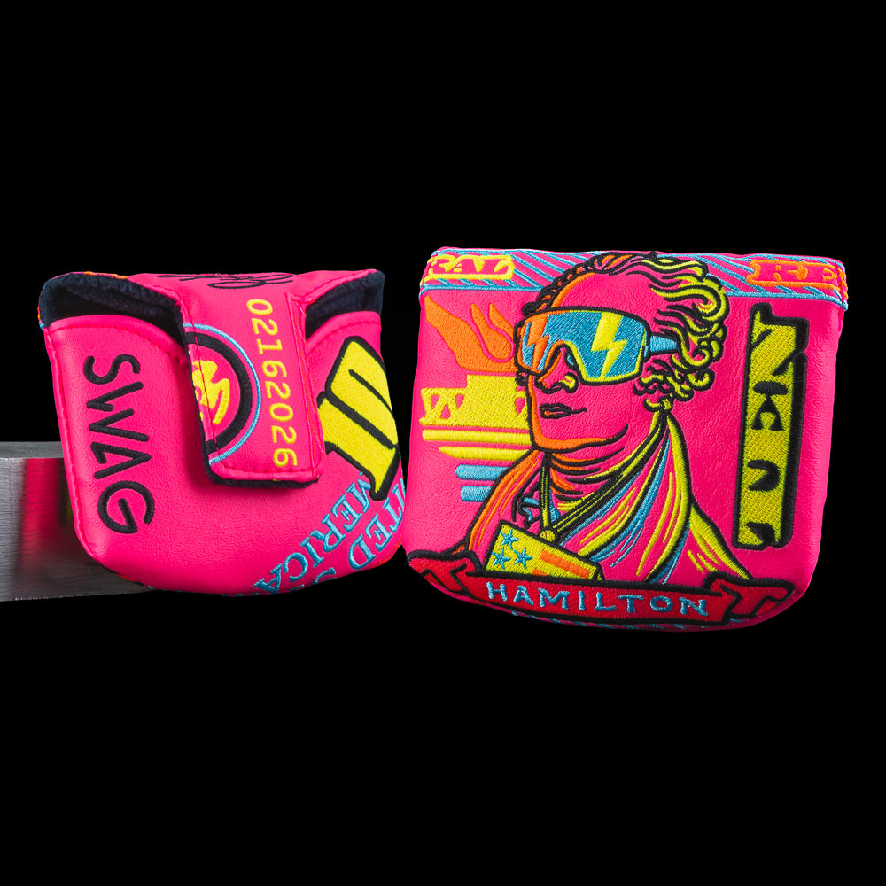 Neon pink Vibin’ Hamilton mallet headcover featuring bold money graphic artwork and SWAG Golf branding. 