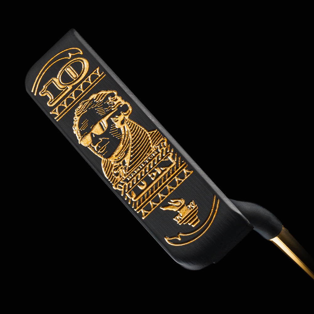 Swag Broadway Hamilton Suave One black and gold $10 themed limited -release blade golf putter made in the USA.