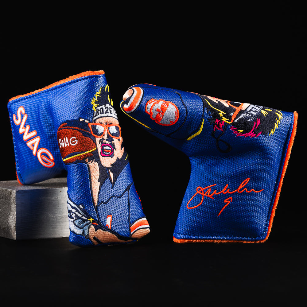 Punky QB Jim McMahon football themed blue and orange blade putter golf head cover made in the USA.