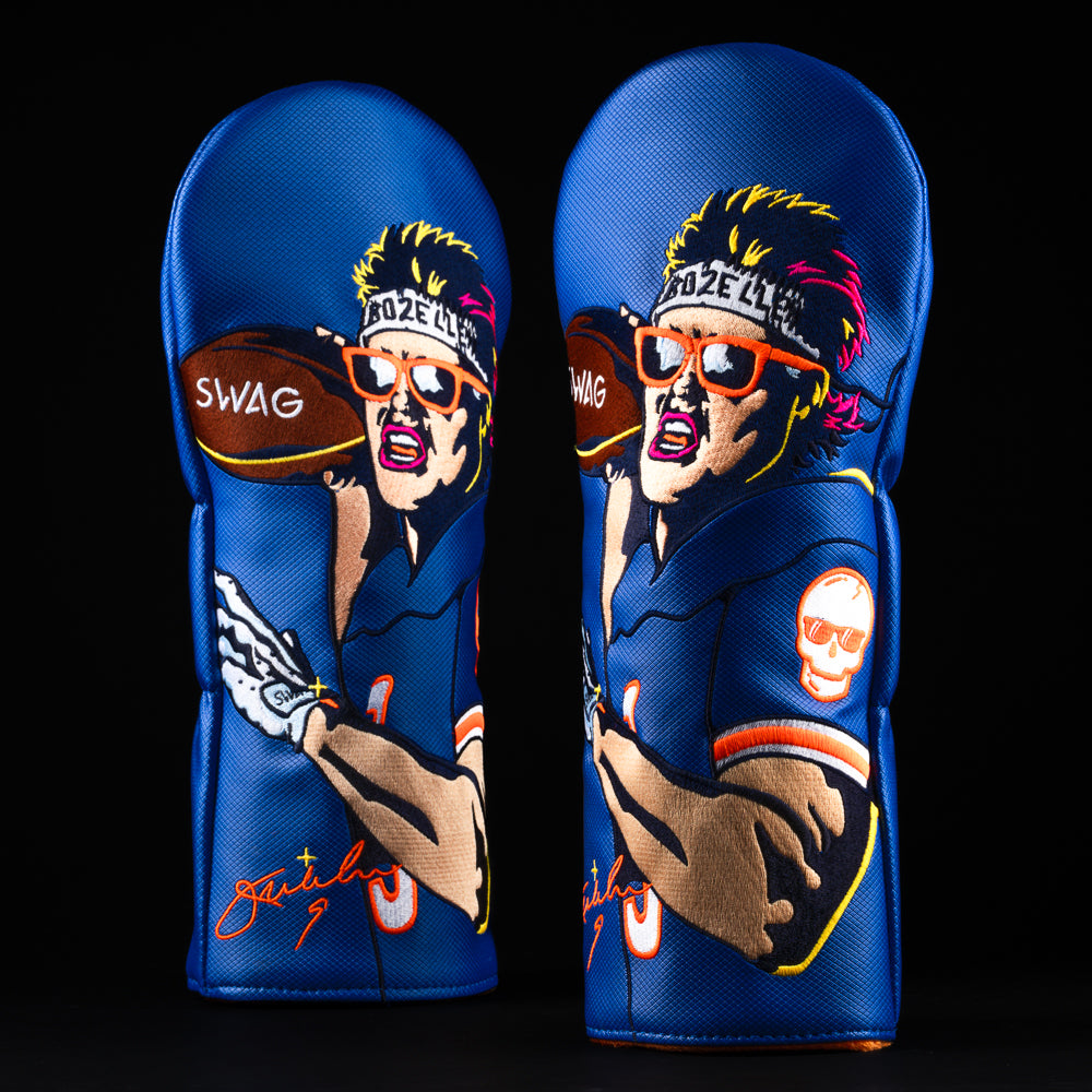 Punky QB Jim McMahon football themed blue and orange fairway wood golf head cover made in the USA.