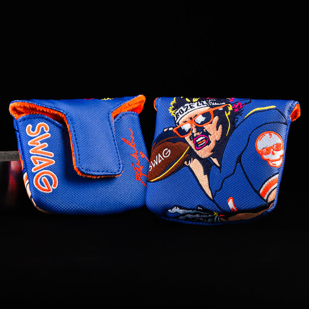 Punky QB Jim McMahon football themed blue and orange mallet putter golf head cover made in the USA.
