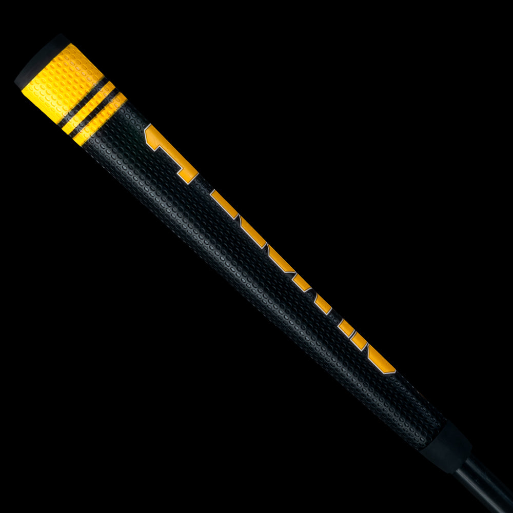 Rewind Golf x Happy Gilmore 18 Hockey Jersey midsize putter grip with black and yellow design.