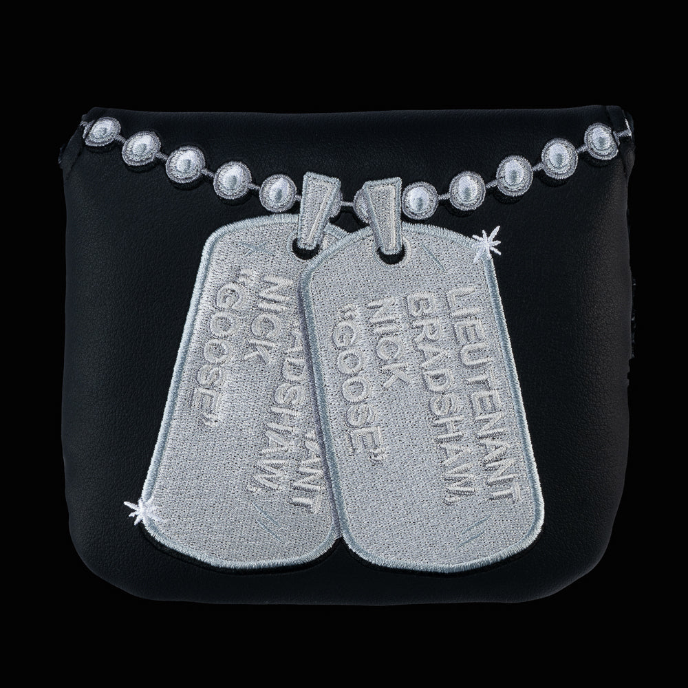 Rewind Golf x Top Gun official Talk To Me Goose black and silver dog tag themed center shaft XL mallet headcover.