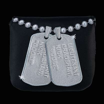 Rewind Golf x Top Gun official Talk To Me Goose black and silver dog tag themed center shaft XL mallet headcover.