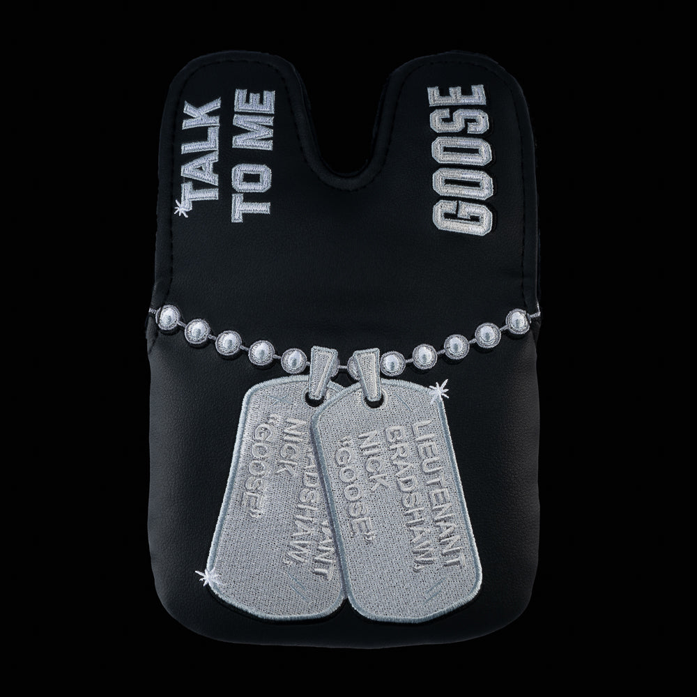 Rewind Golf x Top Gun official Talk To Me Goose black and silver dog tag themed center shaft XL mallet headcover.