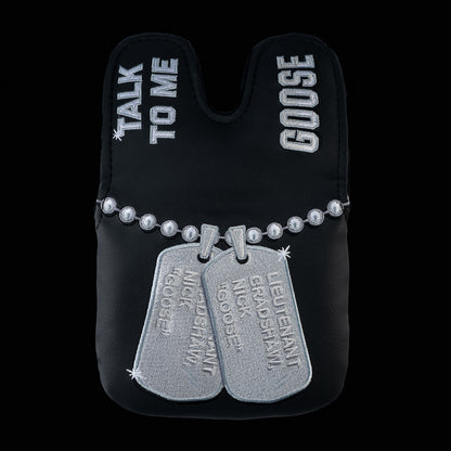 Rewind Golf x Top Gun official Talk To Me Goose black and silver dog tag themed center shaft XL mallet headcover.