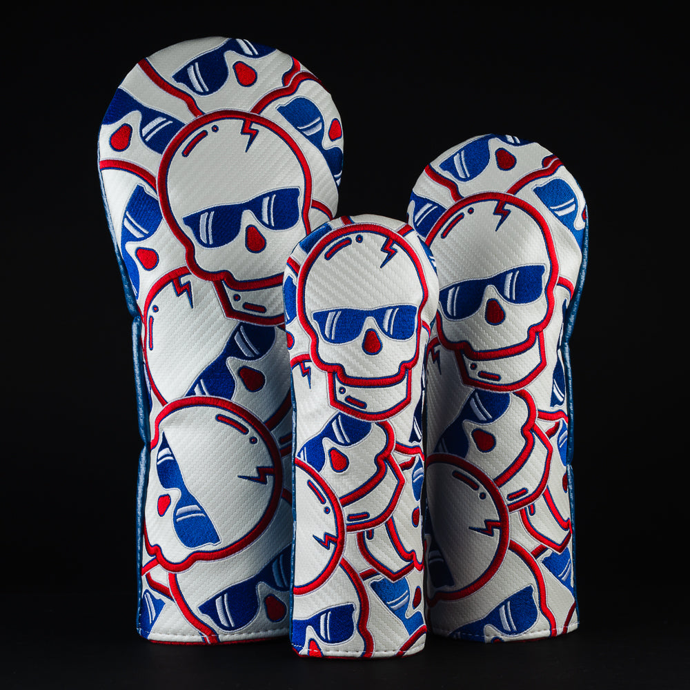 RWB stacked skulls 2.0 red, white and blue driver, fairway and hybrid wood cover set made in the USA.